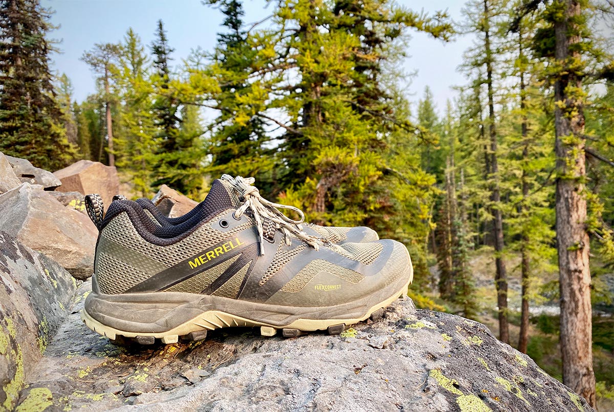 Merrell MQM Flex 2 hiking shoe (pair on rock)